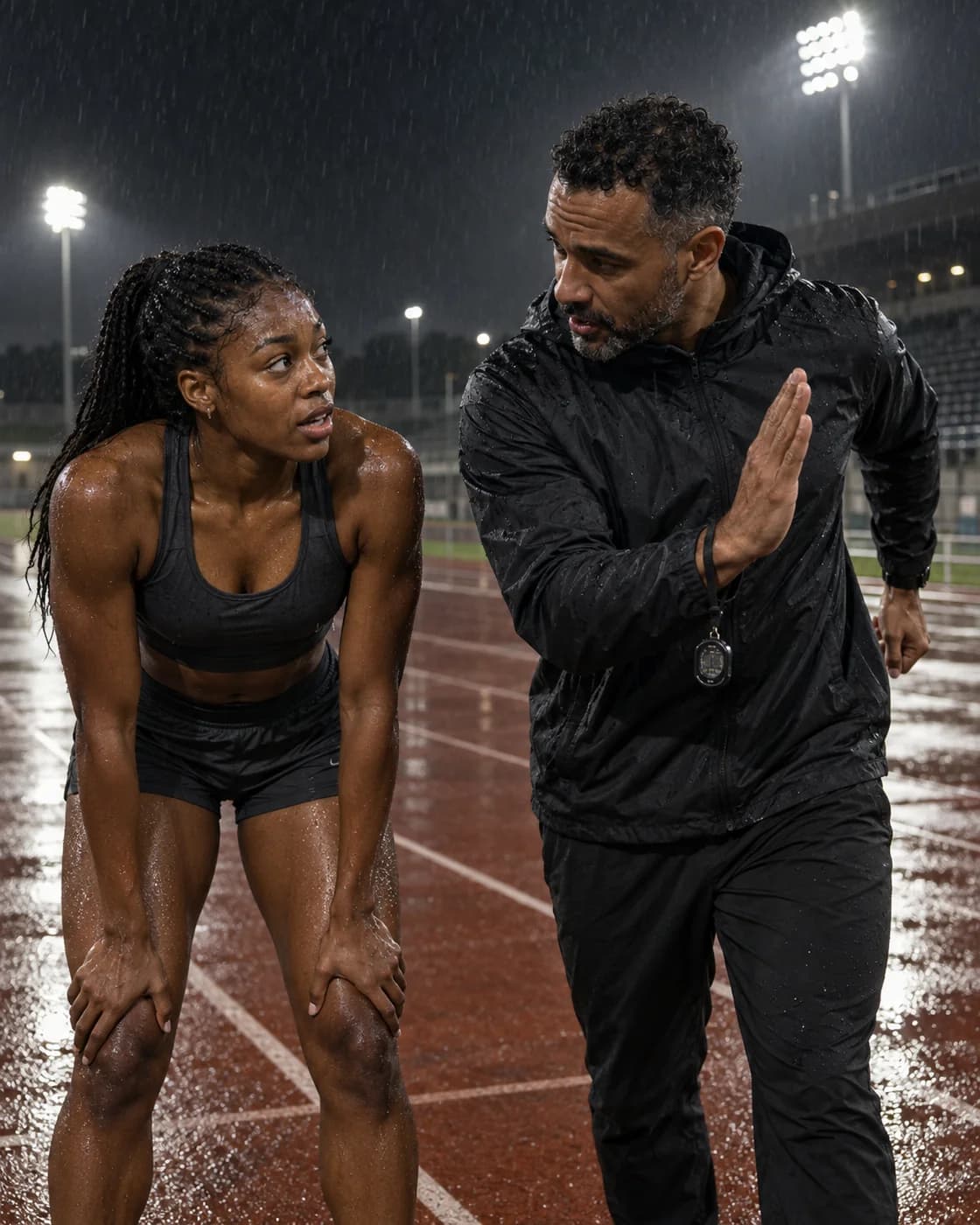 Sprint coach demonstrating arm technique beside an athlete on a rain-soaked track.