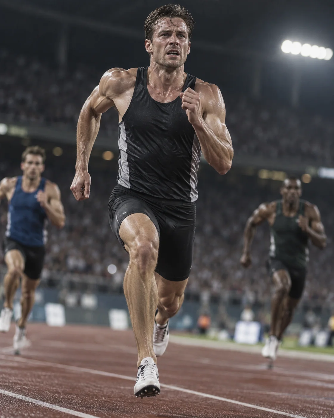 Runner driving through the final straight under floodlights.
