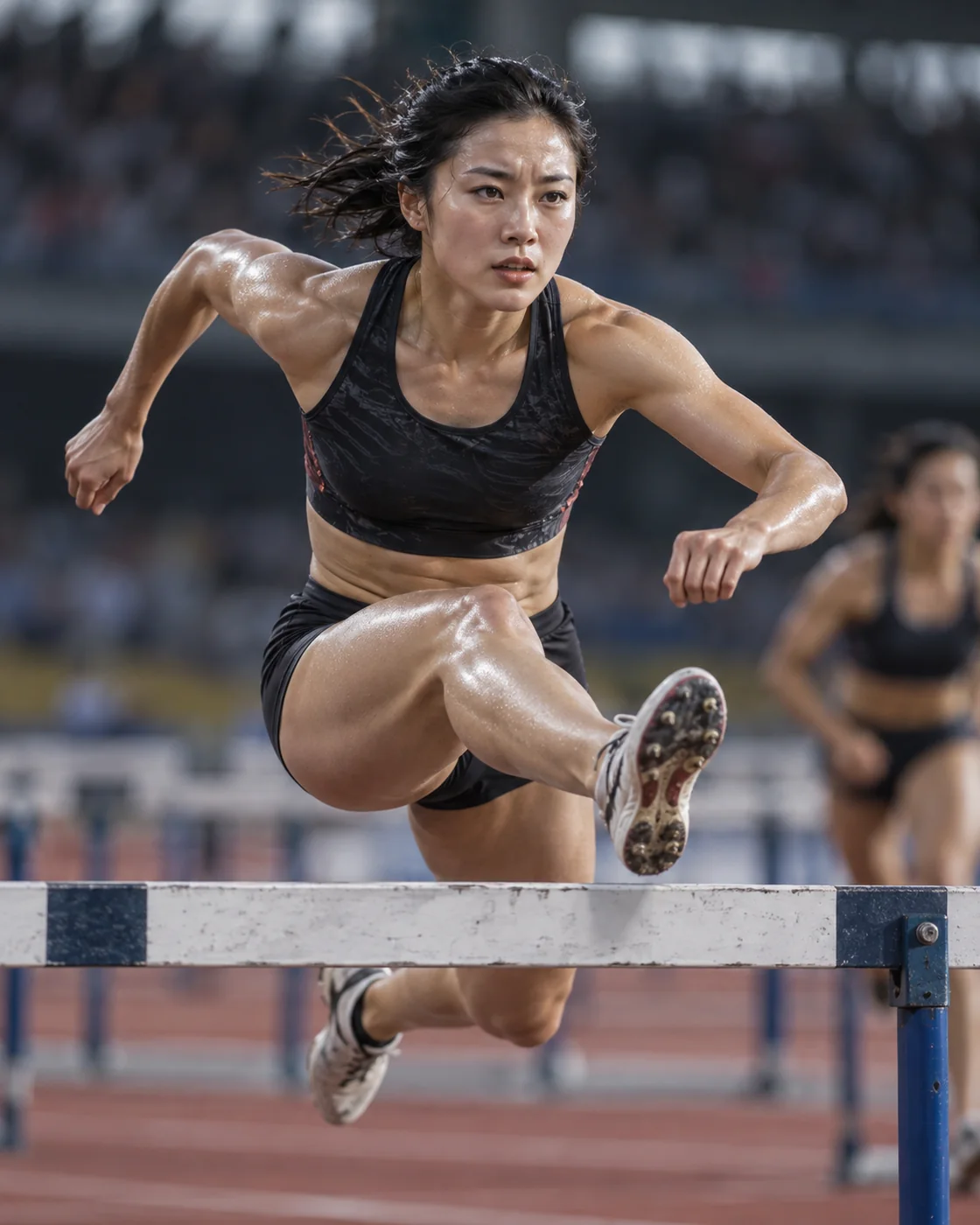 Hurdler clearing a barrier at full speed.