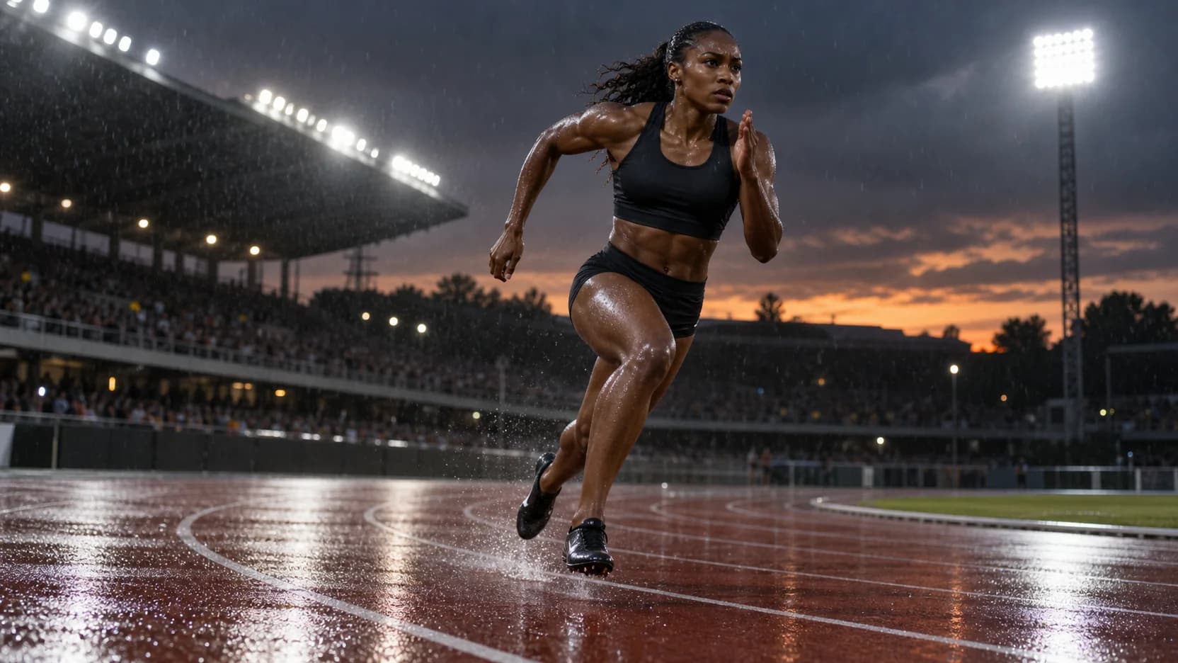 Sprinter powering around a wet track bend.