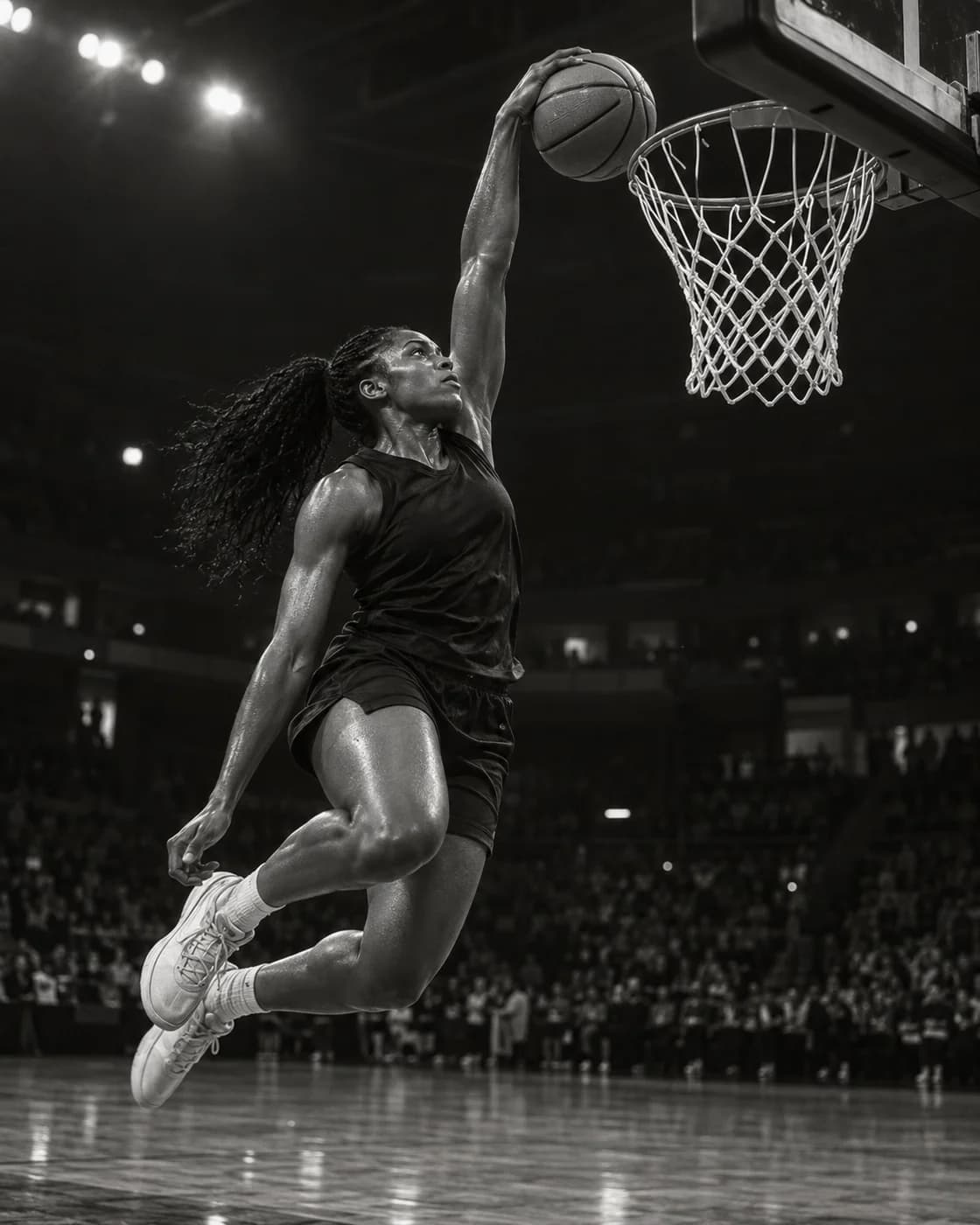 Basketball player rising for a one-handed dunk in an indoor arena, in black and white.