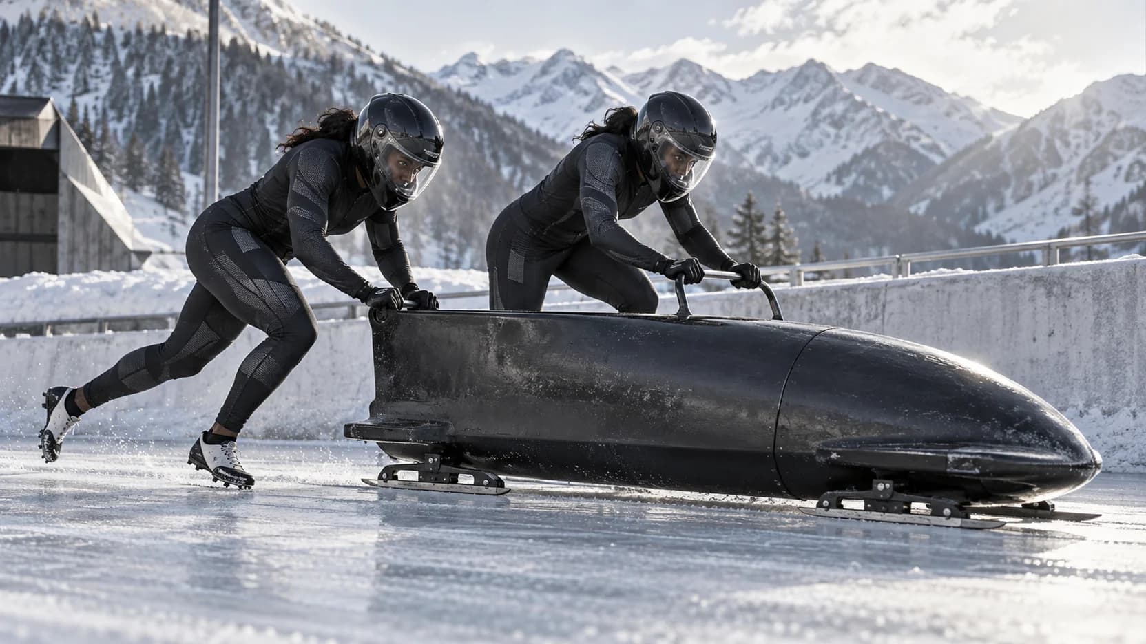 Bobsled athletes on an ice track in winter conditions.