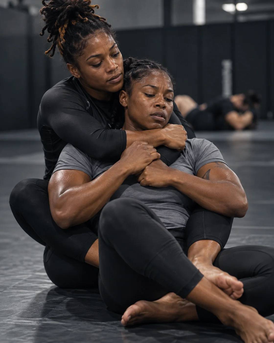 Jiu-jitsu competitors practising rear control on the mat.