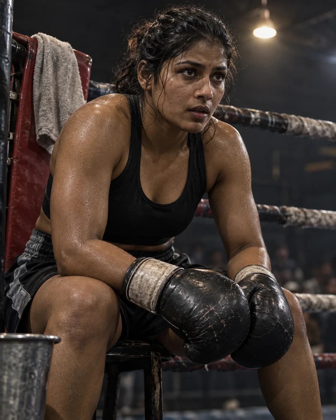 Boxer gathering her breath in the corner between rounds.