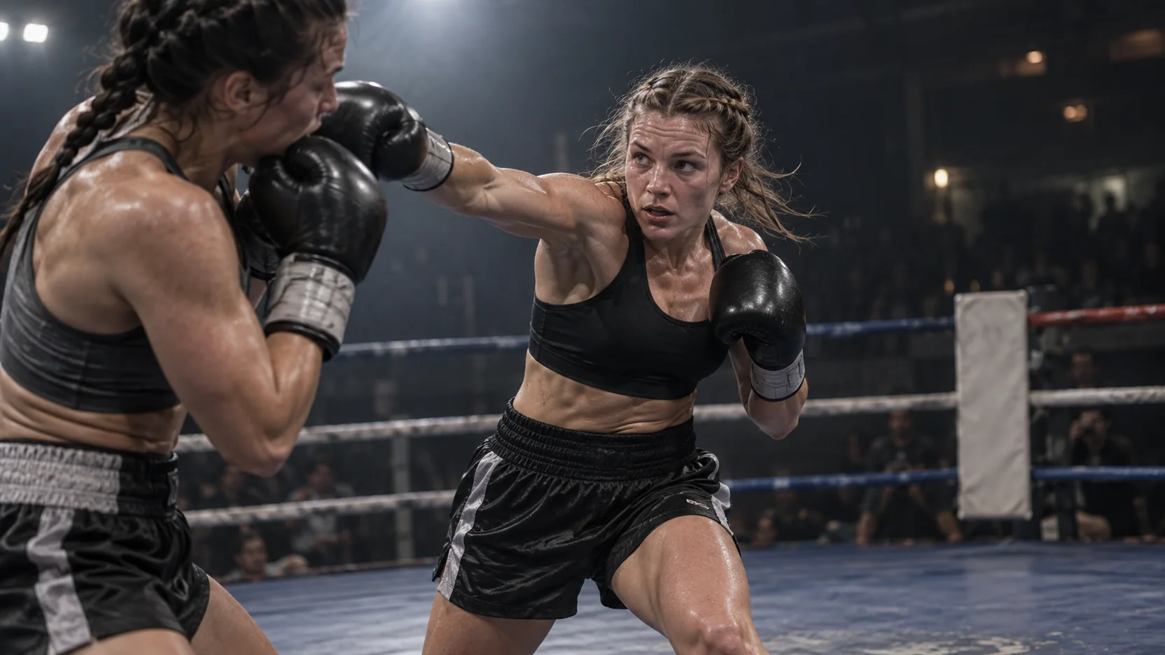 Female boxer delivering a focused straight punch in the ring.