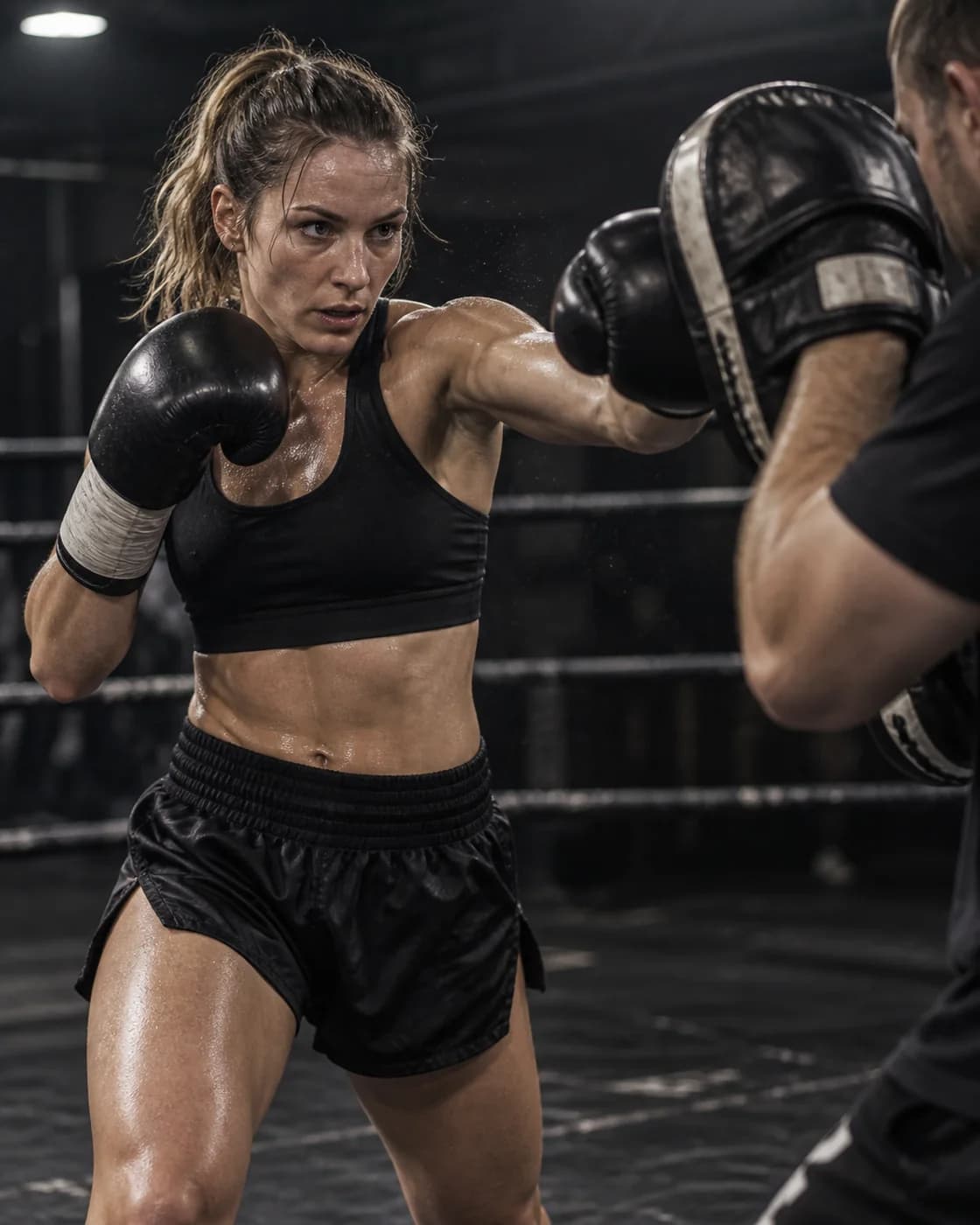 Kickboxer driving a straight punch into a focus mitt.