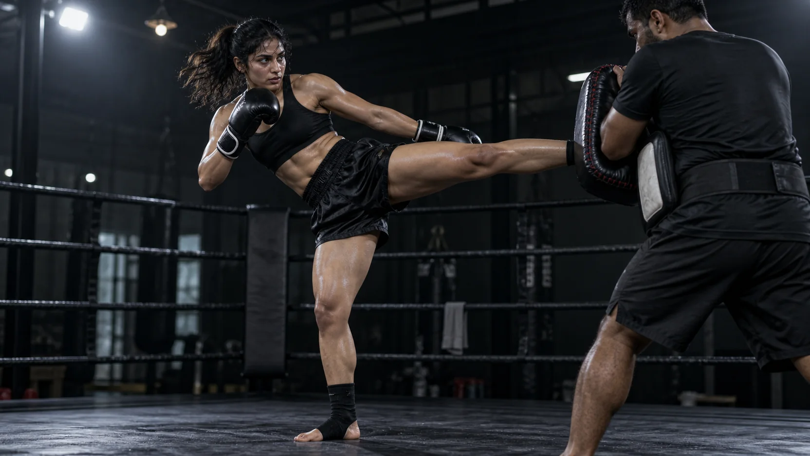Kickboxers practising striking technique in a gym.