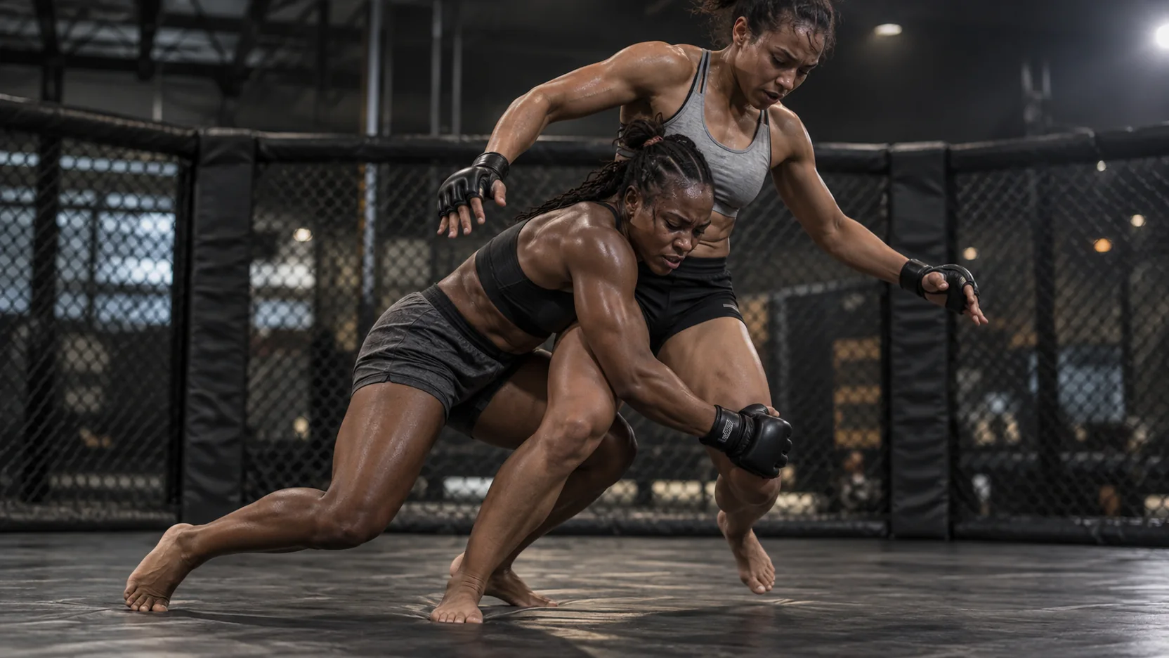 Mixed martial artists grappling inside a cage.