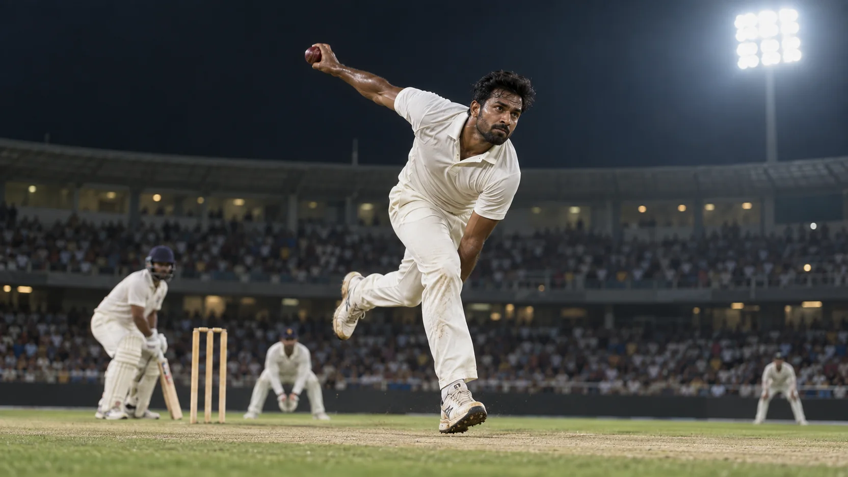 Cricket bowler driving through his delivery under floodlights.