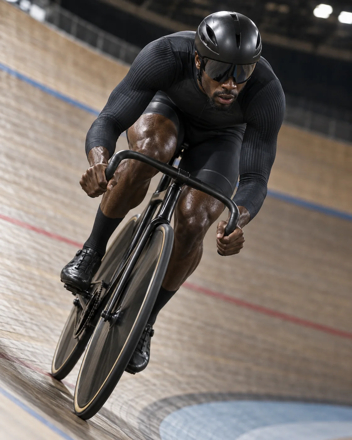 Track cyclist leaning into a high-speed velodrome turn.