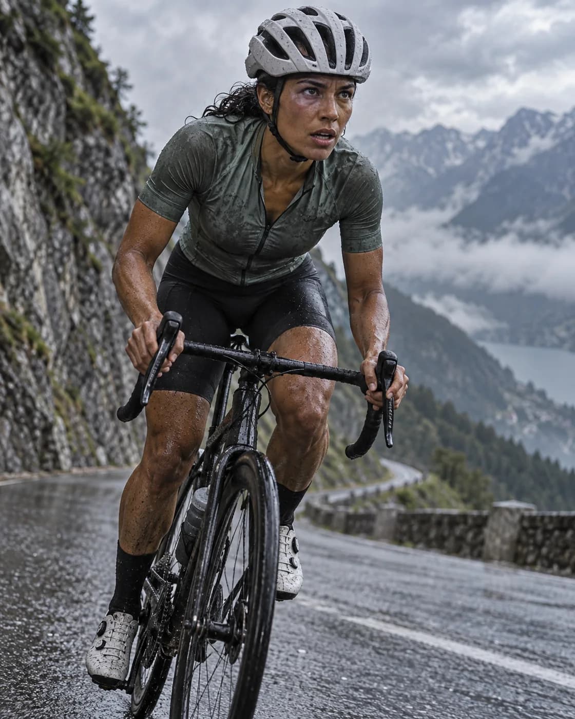 Road cyclist climbing a steep mountain pass.