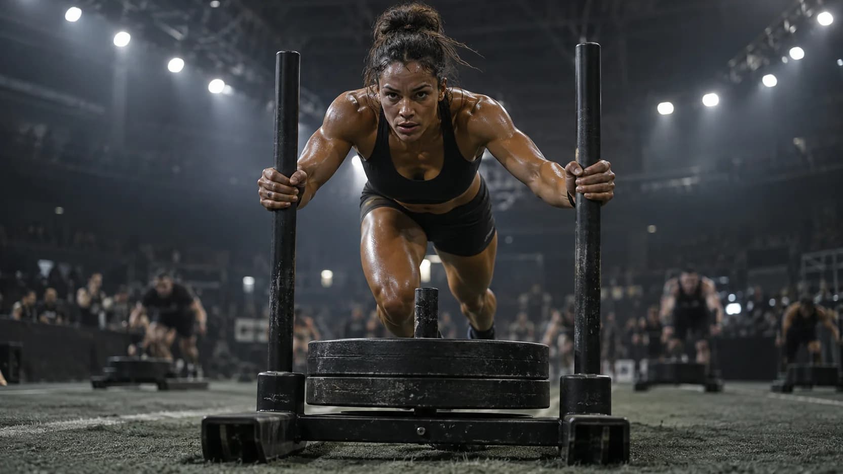 Hybrid athlete driving a heavy sled across indoor turf.