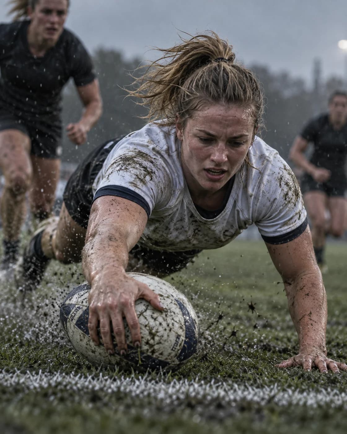 Rugby sevens player grounding the ball over the try line.