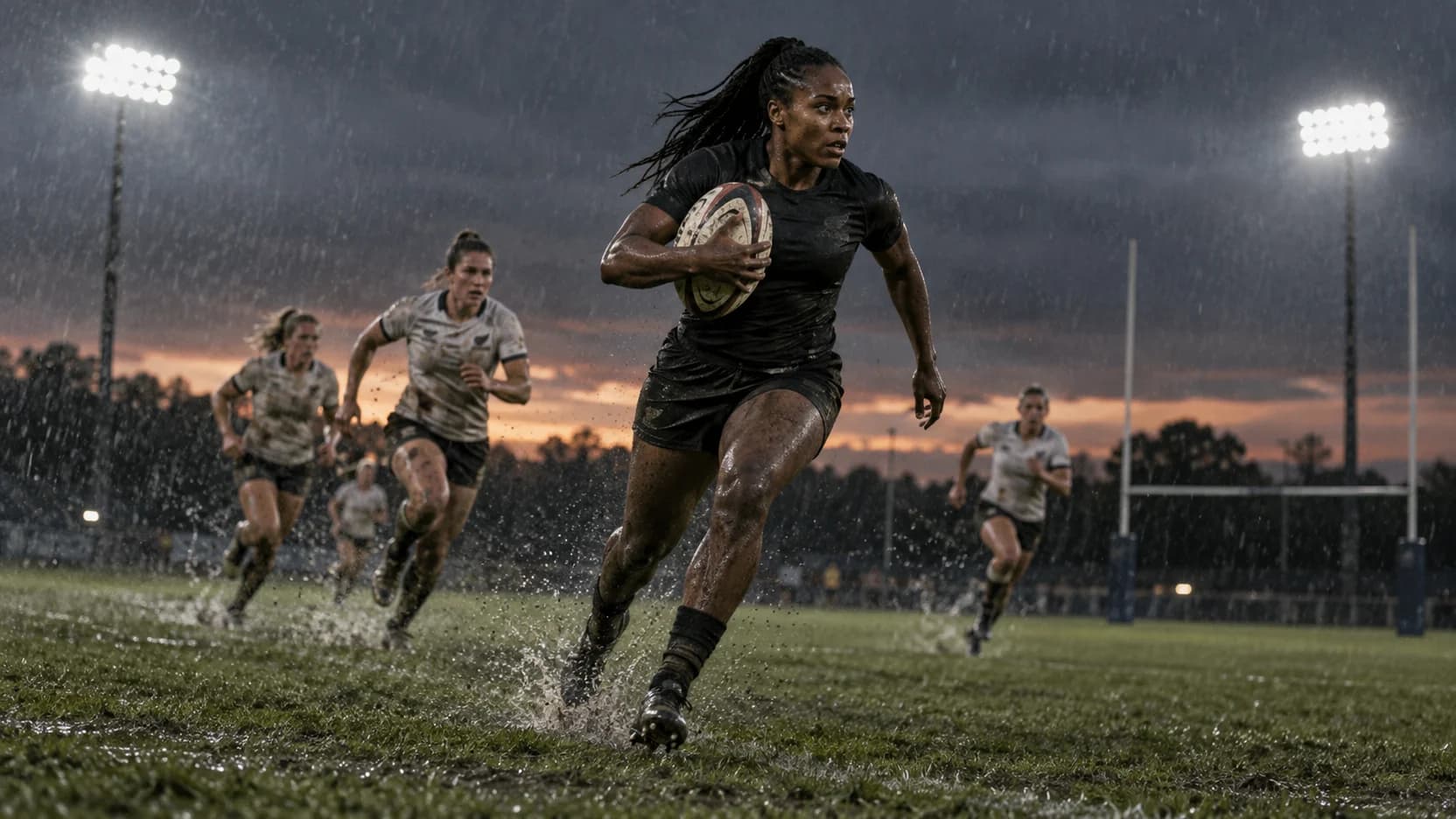 Rugby sevens player competing for possession on a rain-soaked pitch.