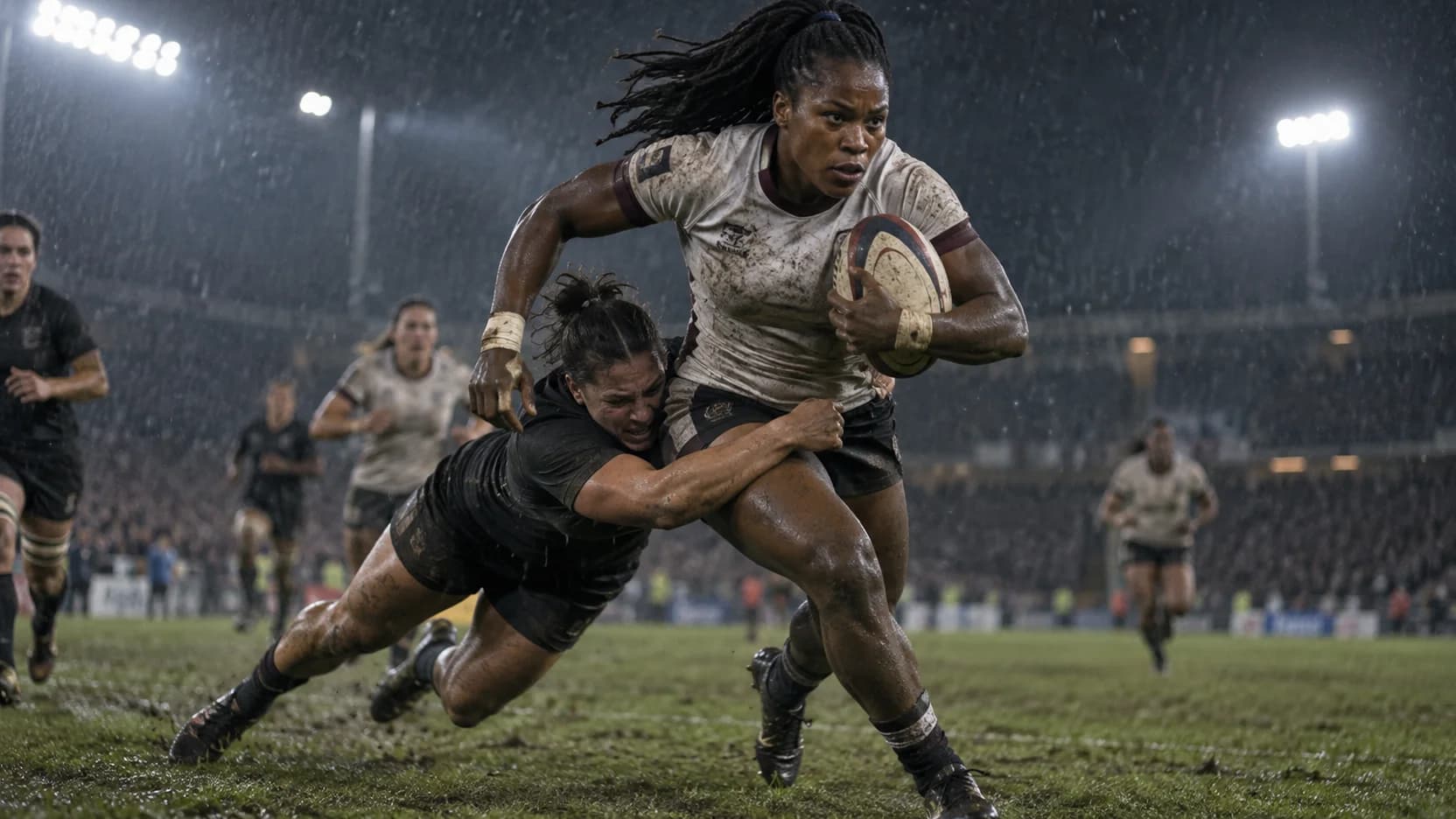 Female rugby wing breaking a tackle on muddy turf.