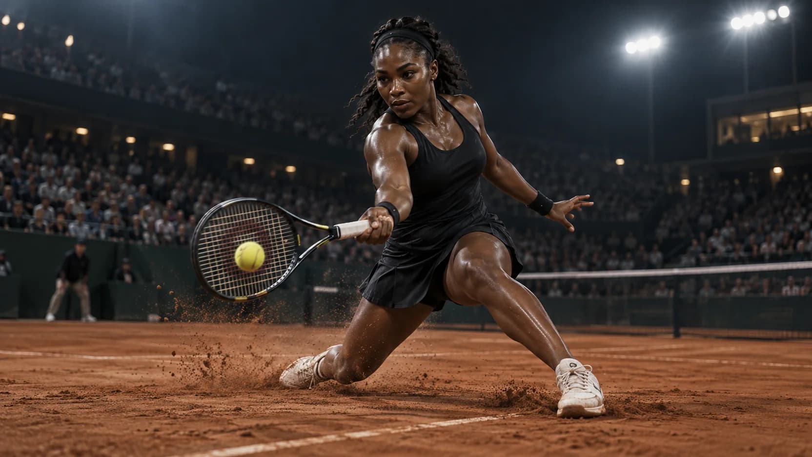 Tennis player striking the ball during a match.