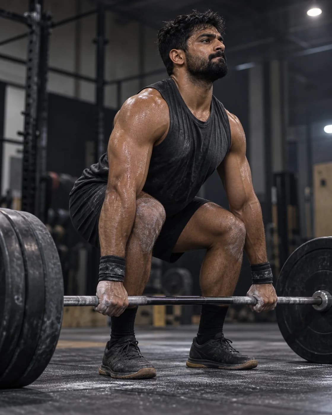 Hybrid athlete lifting a loaded barbell from the floor.