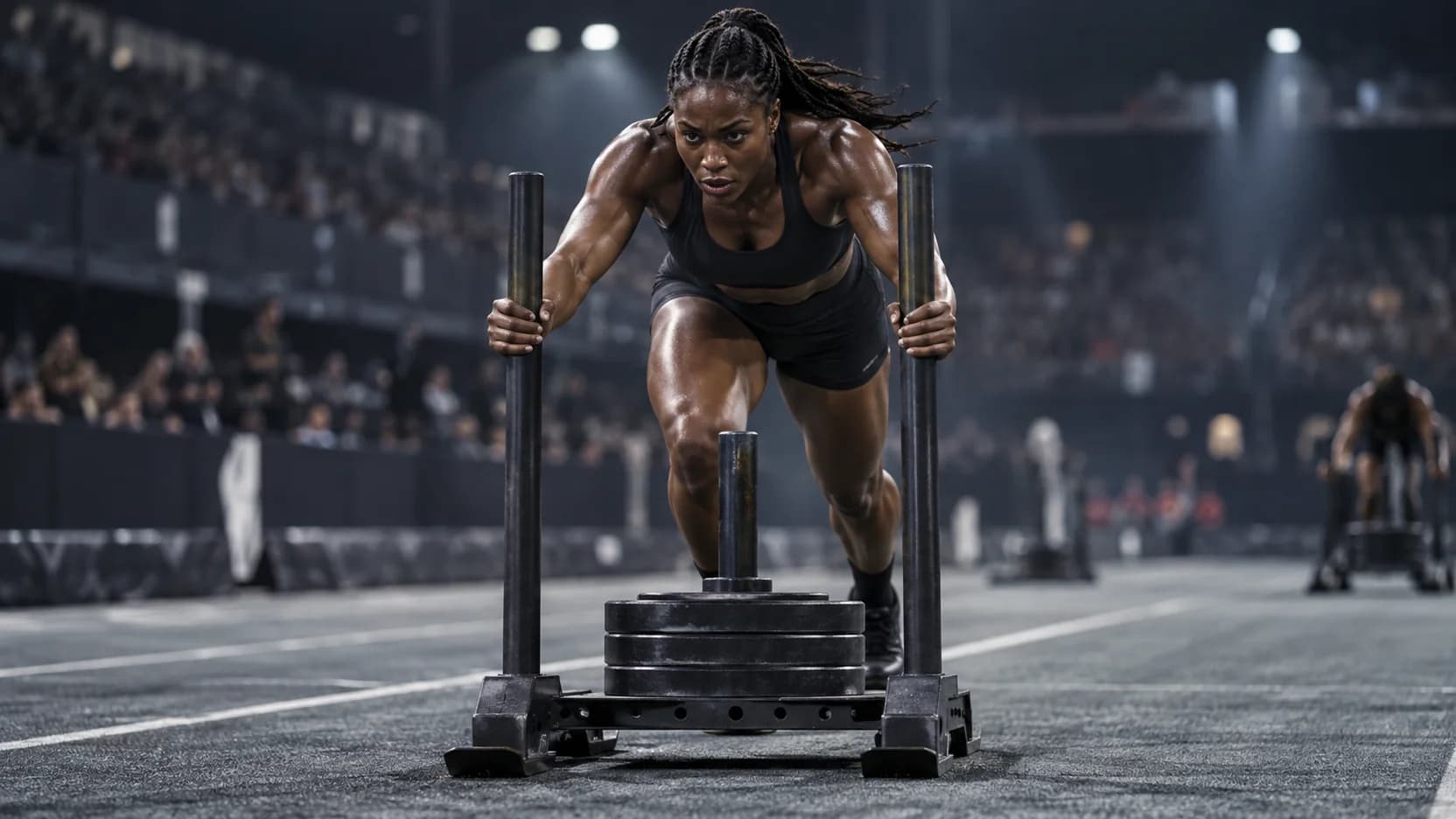 Hybrid racing athlete pushing a weighted sled across indoor turf.