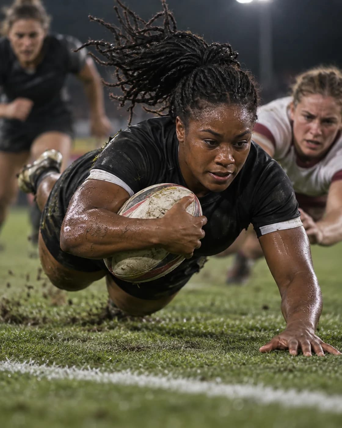 Rugby league winger diving towards the try line.