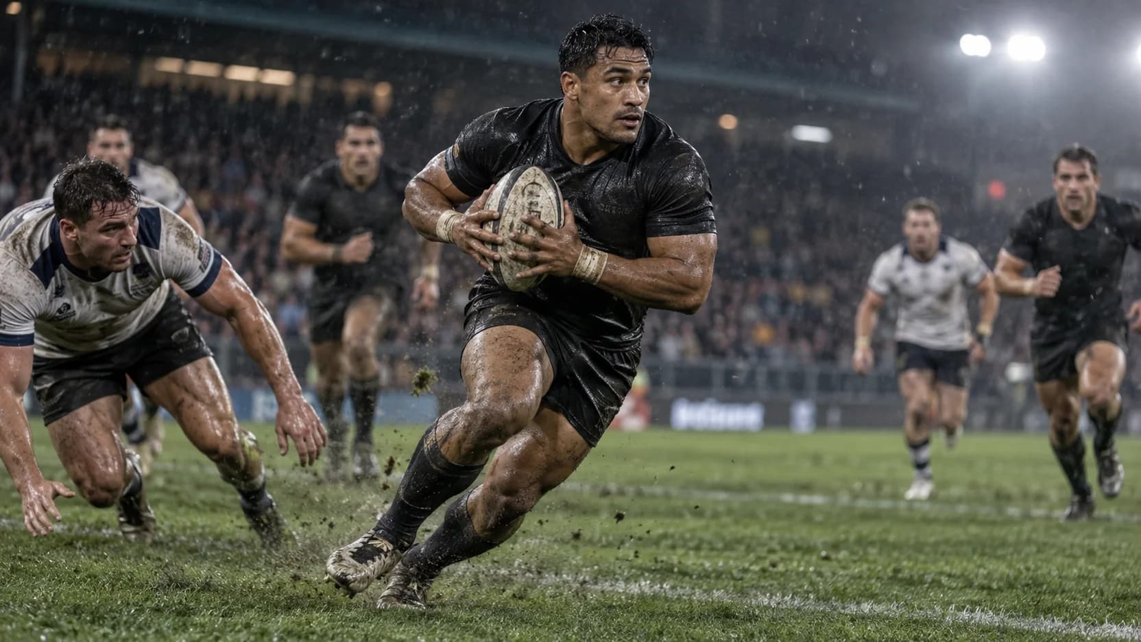 Rugby league ball carrier accelerating through the defensive line.